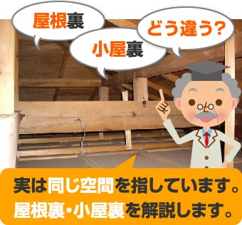 「屋根裏」「小屋裏」 言葉は違いますが同じ空間を指しています
